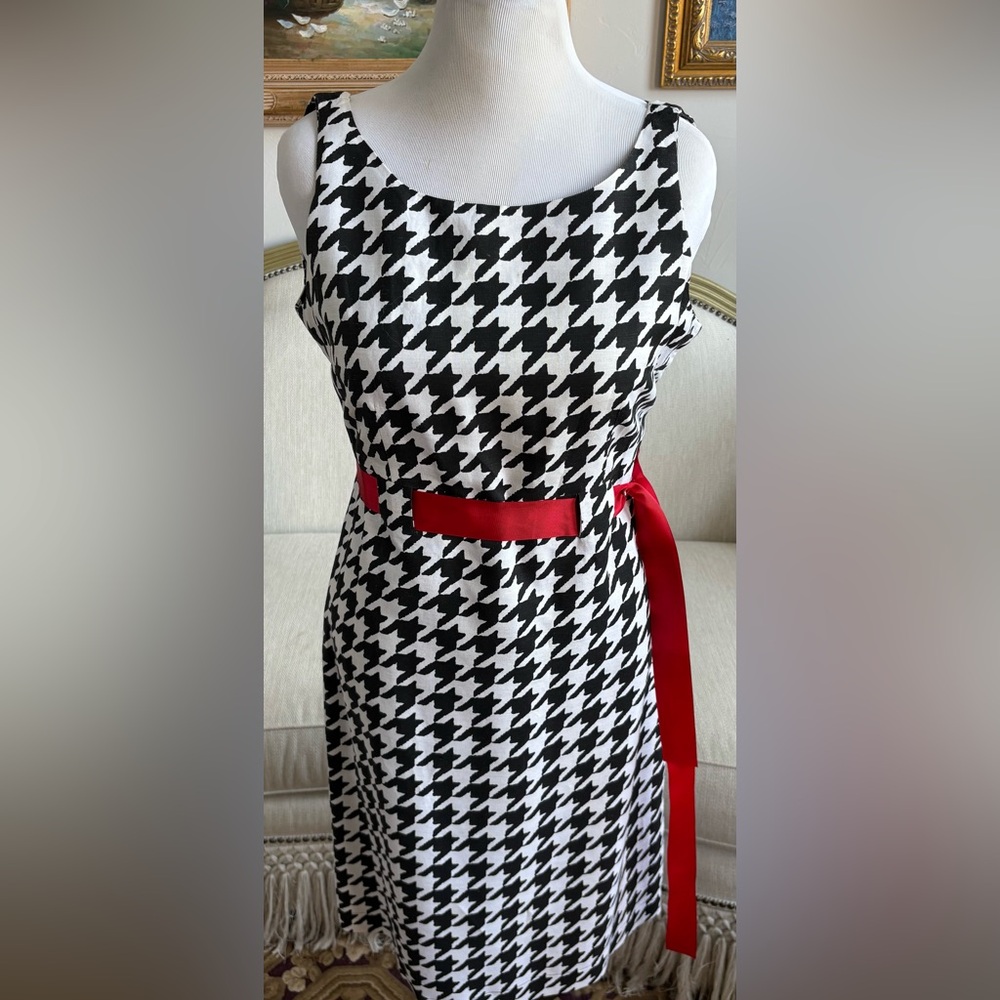 Nina Leonard Black and White Houndstooth Dress with Red soft Belt